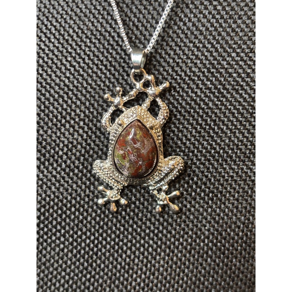 Frog Pendant Necklace Stainless Steel Natural Stone Teardrop Silver Tone 20-22in